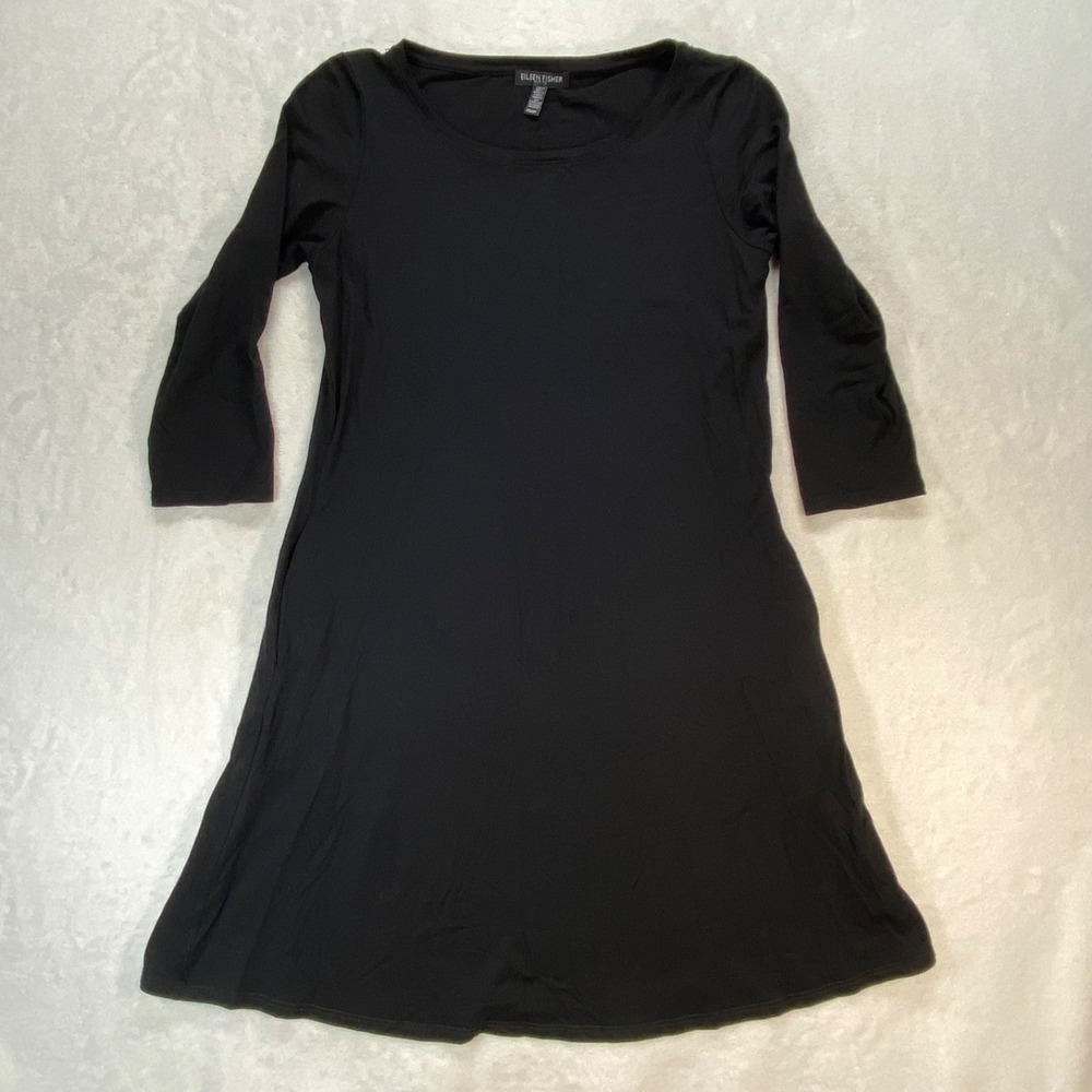 Eileen Fisher Petite Black Dress 3/4 Sleeve Knit‎ Casual Comfy PS-flaw
